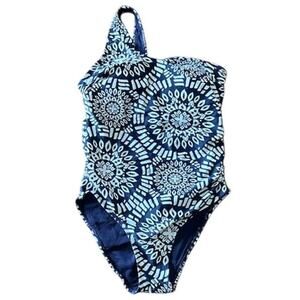 Nicole Miller Navy and White Tribal Print One Shoulder Swimsuit, size 8